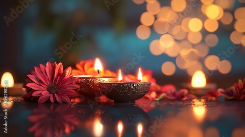 Celebrating Diwali festival, candles in temple with colorful background