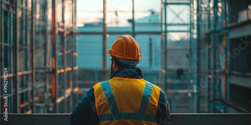 Construction worker evaluating building integrity, softly blurred site in background, daylight enhances focus on diligent inspection