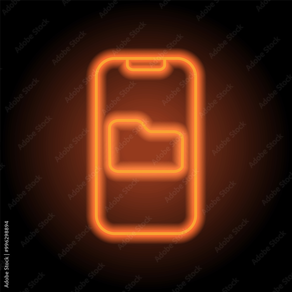 Mobile phone with folder simple icon vector. Flat design. Orange neon on black background Mobile phone with folder simple icon vector. Flat design. Orange neon on black background