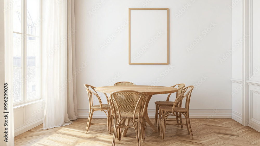Small poster frame mockup in elegant dining room. Wicker chairs, wooden table. Natural daylight. Photorealistic. Small poster frame mockup in elegant dining room. Wicker chairs, wooden table. Natural daylight. Photorealistic.