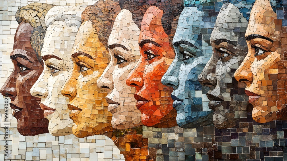 A mosaic of faces with different ethnic backgrounds, merging into a ...