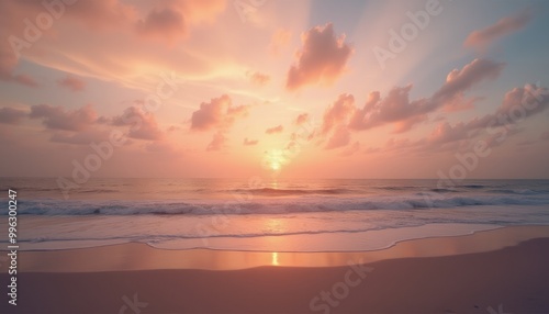 A breathtaking sunset casts warm colors over gentle ocean waves on a calm beach, creating a peaceful and serene atmosphere.