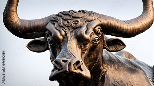 Close up photo of a copper bull at the entrance of the stock exchange, representative of bull markets, China Stock Exchange, financial background image photo