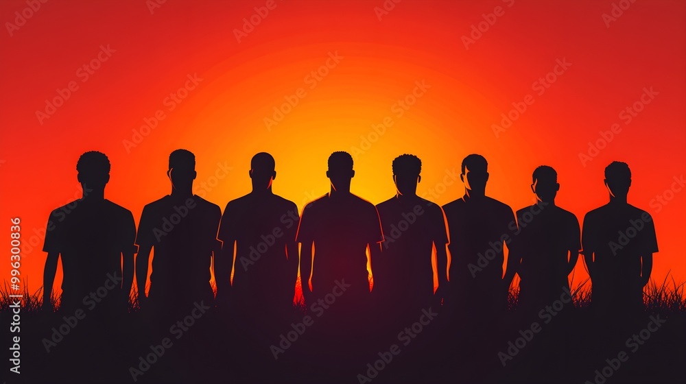 A powerful, stylized illustration of community members in black shirts, their figures outlined with bold, clean lines, standing against a sunset background. Vector Art, Bold Lines, Warm Colors A powerful, stylized illustration of community members in black shirts, their figures outlined with bold, clean lines, standing against a sunset background. Vector Art, Bold Lines, Warm Colors