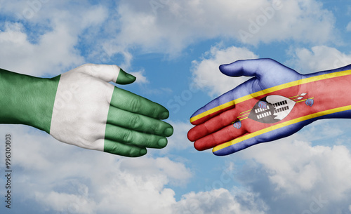 Eswatini formerly Swaziland and Nigeria country handshaking with flags, consensus concept international co-operation illustration photo