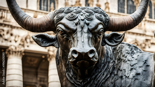 Close up photo of a copper bull at the entrance of the stock exchange, representative of bull markets, China Stock Exchange, financial background image