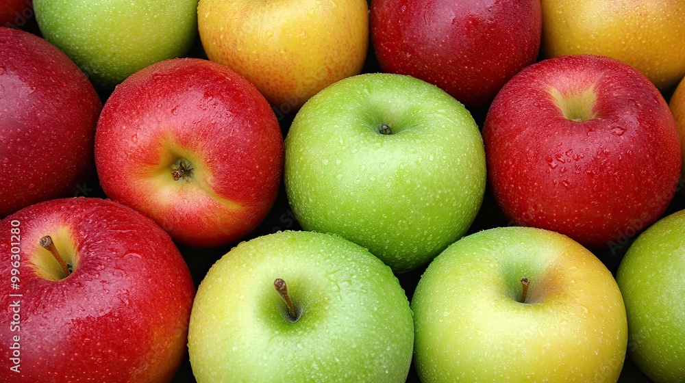 Lots of red-yellow ripe and fresh apples close-up, top view. Natural background. Food ecology and agriculture. Illustration for banner, poster, cover, brochure or present Lots of red-yellow ripe and fresh apples close-up, top view. Natural background. Food ecology and agriculture. Illustration for banner, poster, cover, brochure or present