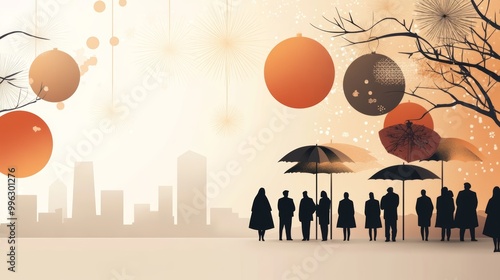Silhouettes of people with umbrellas under large, floating orbs in a city setting with a subtle autumnal background.