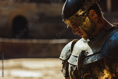 Veteran Gladiator: Reflective Moment in Empty Arena at Sunset   photo