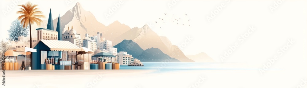 Coastal town with palm trees, white buildings and mountains in the background. Coastal town with palm trees, white buildings and mountains in the background.