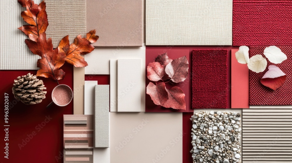 Autumn flat lay composition in wine red color palette with textile and ...
