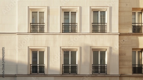 Modern Parisian building, minimalist facade, full wall with windows and doors, warm sunlight, tranquil atmosphere, no people around.