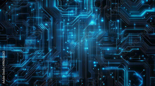 Abstract digital background with circuit line elements in a technology blue hue, featuring a circuit board design. This vector illustration highlights a tech network backdrop, combining futuristic tec photo