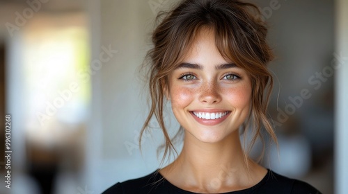 Free Download Portrait of a beautiful young woman with freckles smiling - GFXLoad