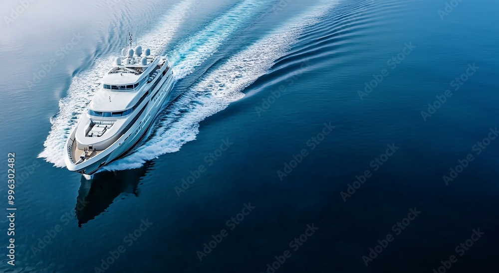 Naklejka premium White private yacht boat cruising on sunny summer day leaving trail behind.Top View.AI Generative.