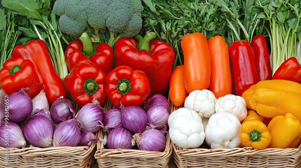 Variety of fresh vegetables on the store or market shelf. Farm produce. Fresh vegetables. Natural background. Illustration for banner, poster, cover, brochure, advertising or marketing. Variety of fresh vegetables on the store or market shelf. Farm produce. Fresh vegetables. Natural background. Illustration for banner, poster, cover, brochure, advertising or marketing.