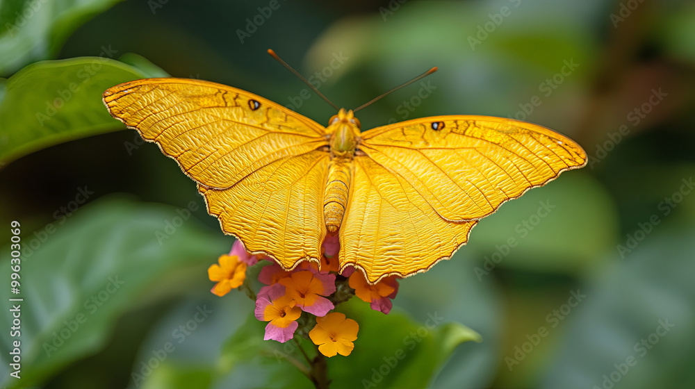 vibrant yellow butterfly rests gracefully on colorful flowers, showcasing its intricate wing patterns. lush green leaves provide beautiful backdrop, enhancing serene atmosphere of nature vibrant yellow butterfly rests gracefully on colorful flowers, showcasing its intricate wing patterns. lush green leaves provide beautiful backdrop, enhancing serene atmosphere of nature