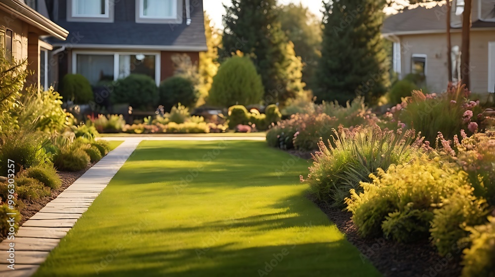 Naklejka premium A clean backyard of a residential house with a flowerbed full with trees and a beautiful grass