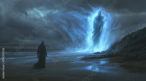 Silhouette of a man on the coast and in front of him a huge ghostly figure in the sea in the form of a blue etheric glow. Contact of a man and a mythical fairy tale character. An ectoplasmic creature. photo