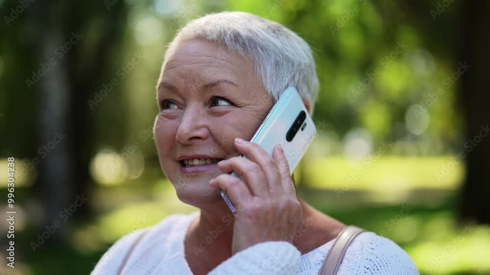 Closeup face of pretty gray-haired senior woman having lively phone call in summer sunny park. Cheerful elderly female holding smartphone to ear and having pleasant conversation outdoors. Closeup face of pretty gray-haired senior woman having lively phone call in summer sunny park. Cheerful elderly female holding smartphone to ear and having pleasant conversation outdoors.