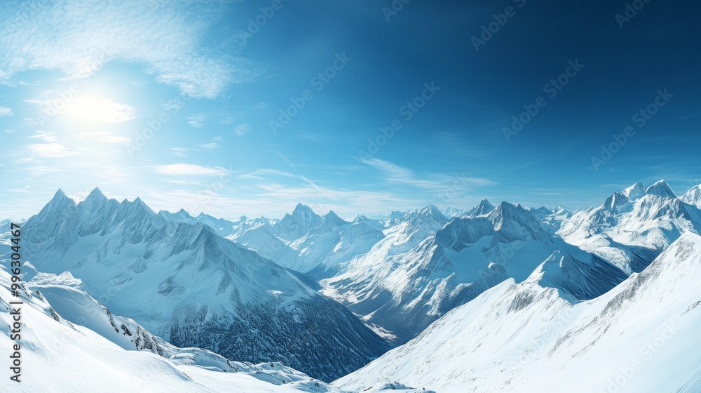 A panoramic view of a snowy mountain range under a bright, crisp blue sky, with peaks glistening in the sunlight A panoramic view of a snowy mountain range under a bright, crisp blue sky, with peaks glistening in the sunlight