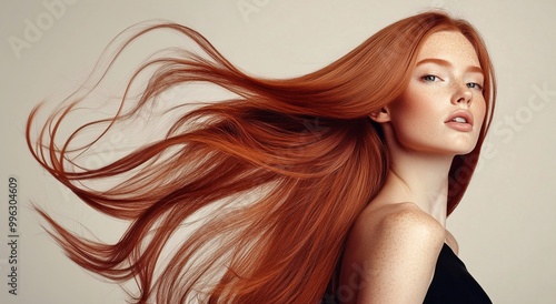Studio beauty shot of young beautiful woman with long silky red ginger hair for hair product advertising poster.AI Generative.