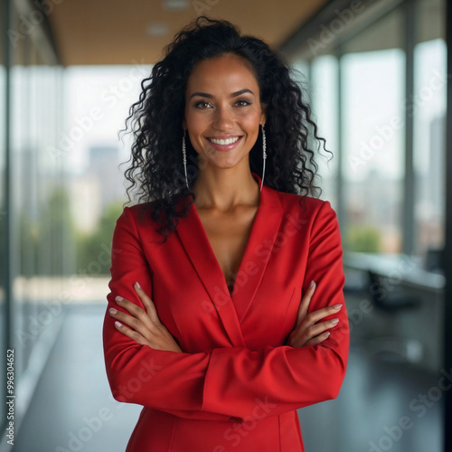 Confident businesswoman in a red suit with curly hair smiling in a modern office environment