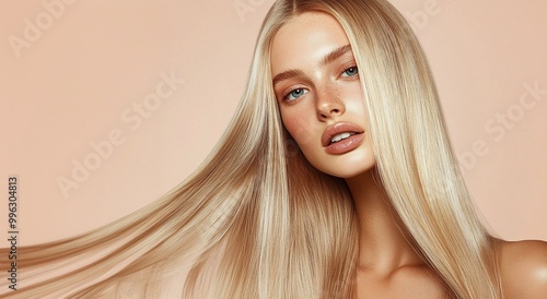 Studio shot of young beautiful woman with long silky blond hair for hair product advertising poster.AI Generative.