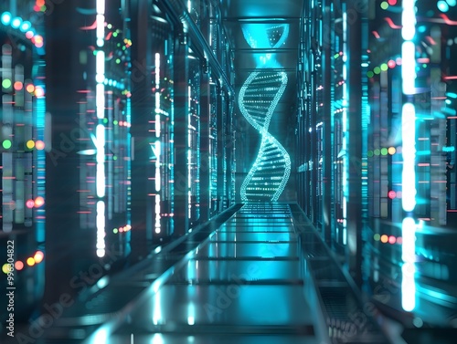 Futuristic DNA Data Storage Banks Replacing Traditional Servers in Illuminated Futuristic Data Center photo