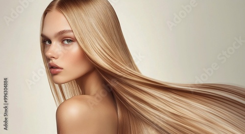 Studio shot of young beautiful woman with long silky blond hair for hair product advertising poster.AI Generative.