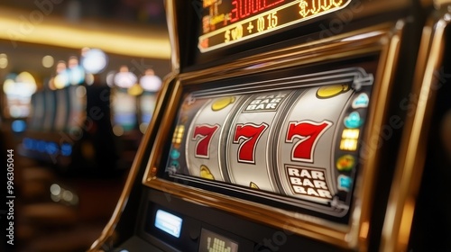 A close-up of a slot machine displaying a winning triple seven combination, highlighting the excitement of gambling and casinos. photo