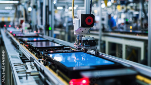 modern assembly line in electronics plant showcases advanced machinery and technology. robotic arm efficiently handles devices, highlighting innovation and productivity in manufacturing