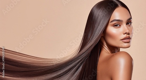 Young beautiful woman model with long brown silky shining hair for hair products advertising on beige background.Macro.AI Generative.
