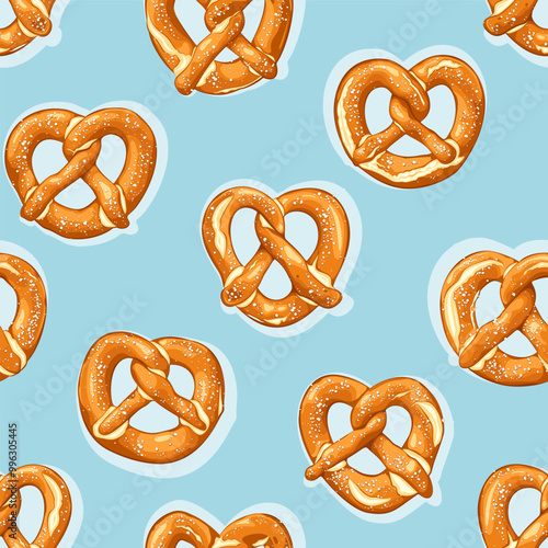 Vector Illustration of Pretzels on Blue Background. Seamless hand drawn pattern.