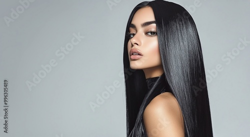 Young beautiful woman model brunette with long black silky shining hair for hair products advertising.Macro.AI Generative.
