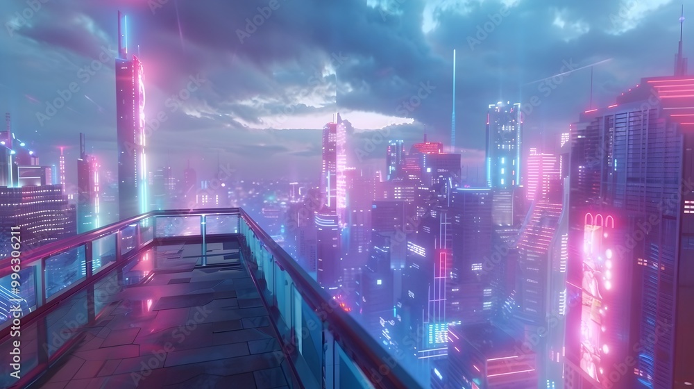 Neon Lit Futuristic Cityscape with Holographic Projections and Observation Deck Neon Lit Futuristic Cityscape with Holographic Projections and Observation Deck