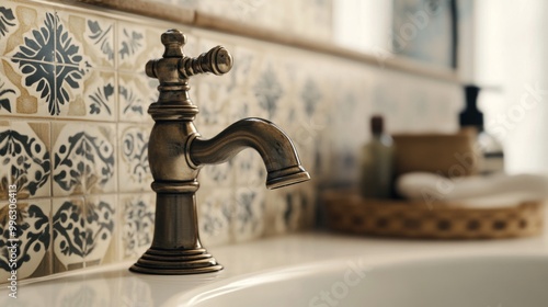 A close-up shot of a vintage-style bathroom faucet with intricate detailing, capturing the elegance of classic design against a backdrop of stylish tiles and decor