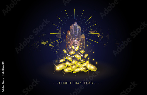 Concept for dhanteras festival. Maa, lakshmi blessing hand and gold coins.