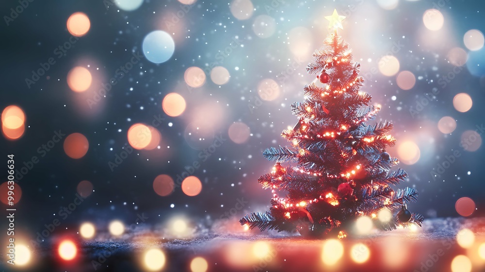 Decorated Christmas tree on blurred background. empty space Decorated Christmas tree on blurred background. empty space
