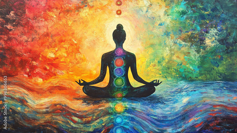 A meditation figure surrounded by radiant energy waves.. A meditation figure surrounded by radiant energy waves..