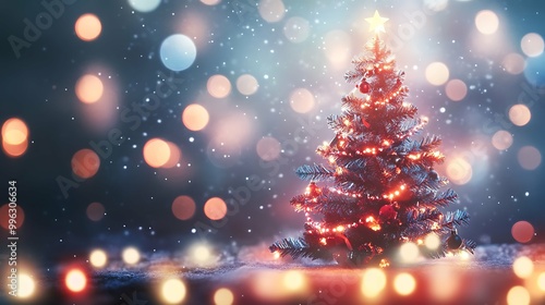 Decorated Christmas tree on blurred background. empty space