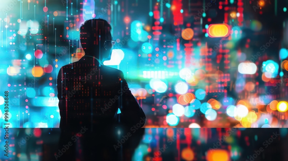 CEO analyzing long-term growth indicators with futuristic software close up, focus on, copy space Rich, vibrant lights, Double exposure silhouette with upward trends CEO analyzing long-term growth indicators with futuristic software close up, focus on, copy space Rich, vibrant lights, Double exposure silhouette with upward trends