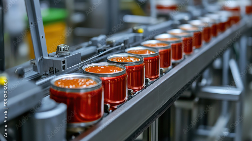 Automated food canning line with red cans filled with sauce moving along conveyor belt, showcasing modern manufacturing processes and efficiency in food production Automated food canning line with red cans filled with sauce moving along conveyor belt, showcasing modern manufacturing processes and efficiency in food production
