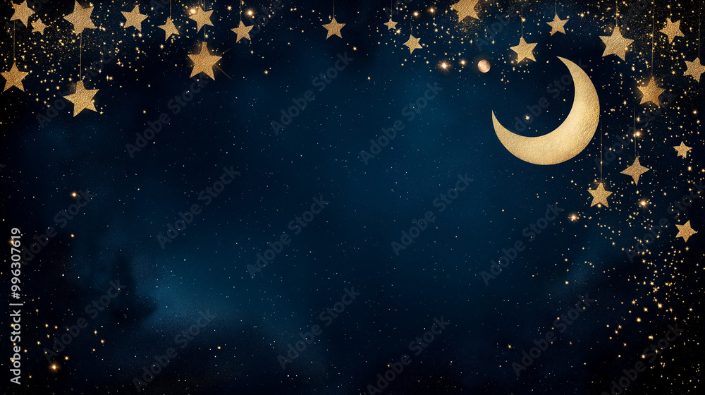 Fototapeta premium A celestial christmas theme with moon, stars in a gold and midnight blue colour theme.