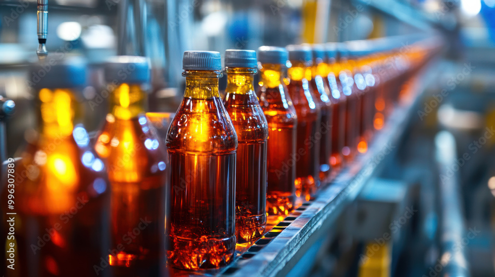 Bottles moving through beverage filling machine, showcasing vibrant assembly line filled with amber liquid. scene captures efficiency and precision of modern manufacturing Bottles moving through beverage filling machine, showcasing vibrant assembly line filled with amber liquid. scene captures efficiency and precision of modern manufacturing
