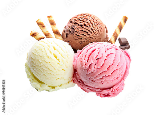 Three scoops of ice-cream isolated. Vanilla, chocolate and strawberry flavour gelato