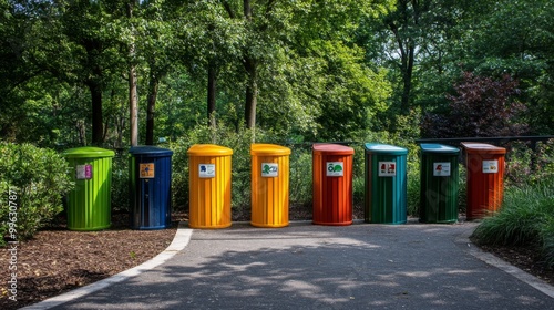 Wallpaper Mural A colorful array of outdoor trash bins lined up in a park, with signs indicating recycling options, promoting environmental awareness and responsible waste disposal. Torontodigital.ca