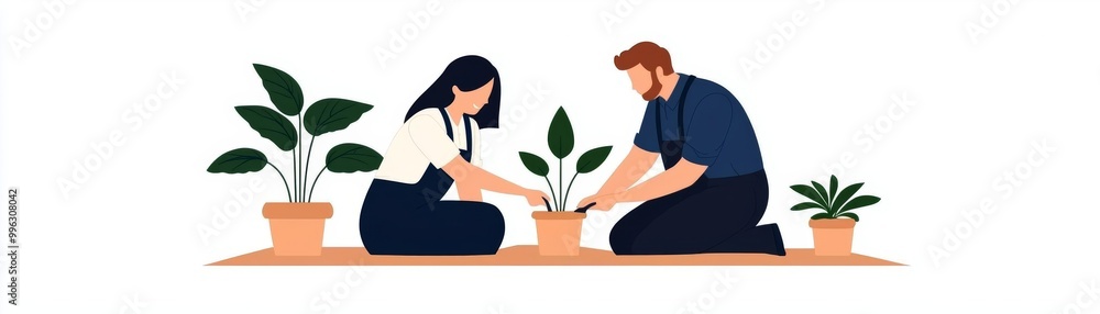 Couple planting indoor plants together in a cozy setting, white isolate background. Couple planting indoor plants together in a cozy setting, white isolate background.
