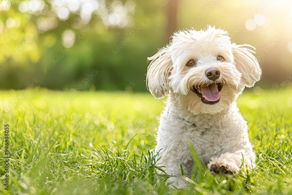 Cute white dog lying on green grass in a sunny park, joyful and playful expression.