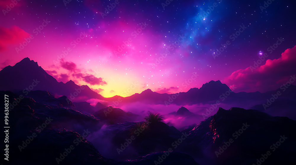 A breathtaking landscape with vibrant pink and purple hues during sunset, featuring majestic mountains and a starry sky, creating a serene and magical atmosphere. A breathtaking landscape with vibrant pink and purple hues during sunset, featuring majestic mountains and a starry sky, creating a serene and magical atmosphere.